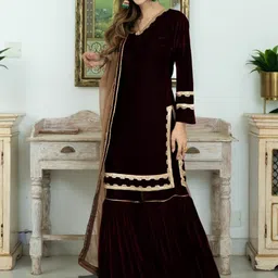 Lavanya The Label Women Maroon Velvet Kurti with Sharara & With Dupatta image 3