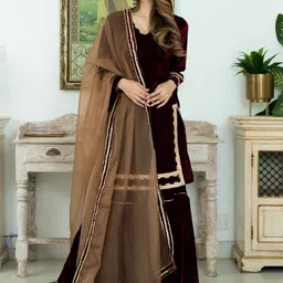 Lavanya The Label Women Maroon Velvet Kurti with Sharara & With Dupatta image 5
