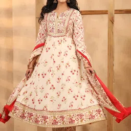 Rain & Rainbow Women Floral Printed Pure Cotton Kurta with Trousers & Dupatta image 5