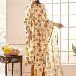Anouk Women Floral Printed Pleated Pure Cotton Kurta with Trousers & With Dupatta image 5