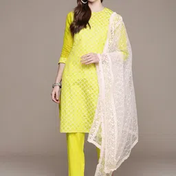 Anouk Embroidered Regular Sequinned Chanderi Cotton Kurta with Trousers & Dupatta image 4
