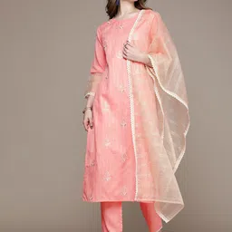 Anouk Women Pink Ethnic Motifs Embroidered Regular Sequinned Kurta with Trousers & With Dupatta image 4