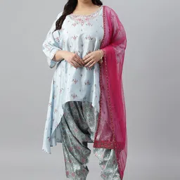 W Women Floral Printed Thread Work Kurta with Patiala & With Dupatta image 1