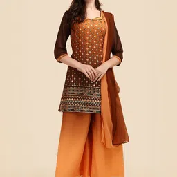 KALINI Floral Embroidered Round Neck Sequinned Straight Kurta with Palazzos & Dupatta-picture-16