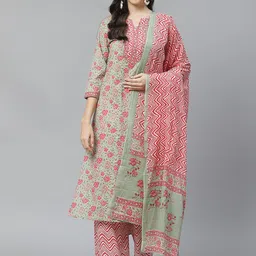 Yuris Women Green & Pink Pure Cotton Printed Kurta with Palazzos & Dupatta-image-57
