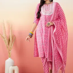 Sangria Floral Printed Thread WorkPure Cotton Straight Kurta With Trouser & Dupatta-picture-27