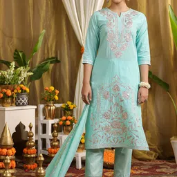 SCAKHI Floral Embroidered Pure Cotton Sraight Kurta & Trousers With Dupatta-image-21