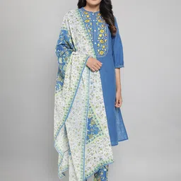 AURELIA Women Blue Pure Cotton Kurta with Palazzos & With Dupatta image 1