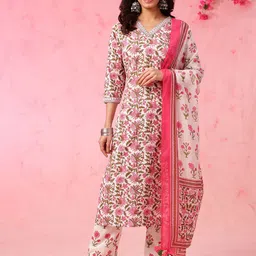 Anouk Women Floral Printed Regular Pure Cotton Kurta with Trousers & With Dupatta image 1