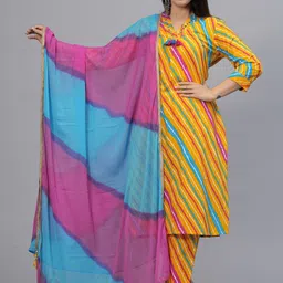 FrionKandy Women Leheriya Printed Regular Mirror Work Pure Cotton Kurta with Trousers & With Dupatta-picture-28