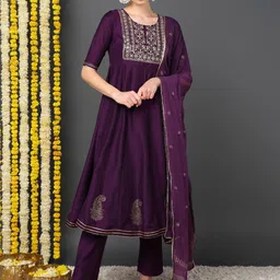 KALINI Floral Embroidered Anarkali Kurta with Trousers & Dupatta image 2