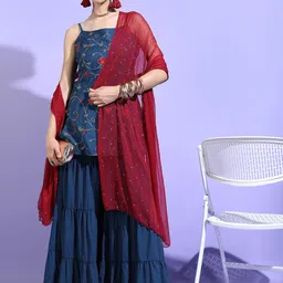 Vishudh Women Teal Blue & Red Floral Kurta with Trouser & Dupatta-picture-25