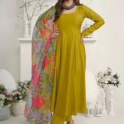 Inddus Square Neck Empire Pure Silk Anarkali Kurta with Trousers & Dupatta-picture-26