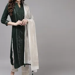 Indo Era Women Green & White Embroidered Kurta with Trousers & Dupatta image 1