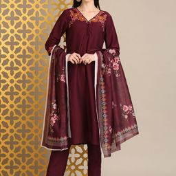 Anouk Maroon Floral Embroidered V-Neck Straight Kurta With Trousers And Dupatta-picture-22