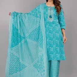 HIGHLIGHT FASHION EXPORT Floral Printed Straight Mirror Work Kurta With Trousers & Dupatta image 1