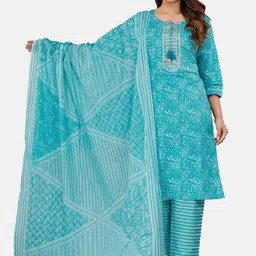 KALINI Floral Printed Gotta Patti Pure Cotton Kurta with Trousers & Dupatta image 1