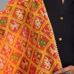 Apratim Women Orange & Green Ethnic Motifs Printed Ikat Dupatta image 4