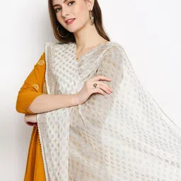 Dupatta Bazaar White & Gold-Toned Printed Pure Cotton Khari Print Dupatta image 2