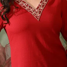 Sangria Embroidered Pure Cotton V NeckStraight Kurta Trouser With Dupatta image 5