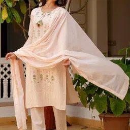 Anouk Cream Floral Embroidered Panelled Pure Cotton Kurta With Trousers & Dupatta image 2