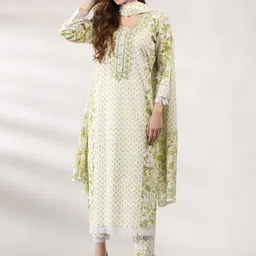 Anouk Off White Floral Printed Thread Work Pure Cotton Kurta With Trousers & Dupatta-picture-13
