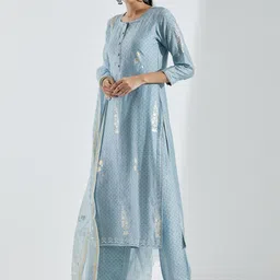 KALINI Floral Printed Regular Kurta with Trousers & Dupatta image 3