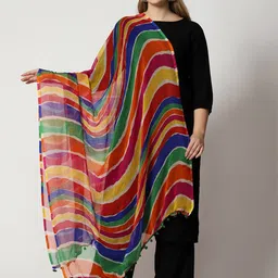 WEAVERS VILLA Blue & Red Striped Leheriya Dupatta image 4