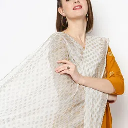 Dupatta Bazaar White & Gold-Toned Printed Pure Cotton Khari Print Dupatta image 4