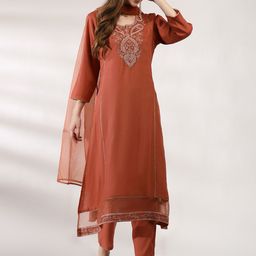 Anouk Brown Floral Embroidered Thread Work Straight Kurta With Trousers & Dupatta-picture-25