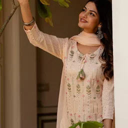 Anouk Cream Floral Embroidered Panelled Pure Cotton Kurta With Trousers & Dupatta-picture-13