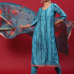 Anouk Blue Abstract Printed Straight Kurta with Churidar & Dupatta-picture-21