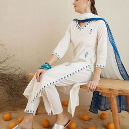 Indo Era V Neck Ethnic Embroidered Pure Cotton Straight Kurta with Trouser & Dupatta-picture-16