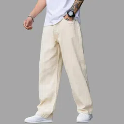 wayking Men Loose Fit Mid Rise Beige Jeans-picture-35