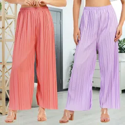 kwsh Pack of 2 Women Regular Fit Purple, Pink Viscose Rayon Trousers-picture-30