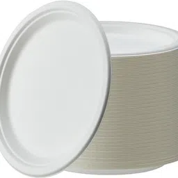 ss solutions Pack of 50 Bamboo Round Disposable Eco-Friendly Sugarcane Paper Bagasse Plate 7 inch Dinner Set image 1