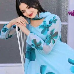 monparafashion Floral Print Georgette Stitched Anarkali Gown image 4