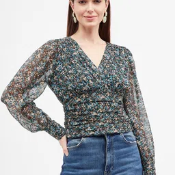 harpa Casual Cuffed Sleeves Floral Print Women Blue Top-picture-28