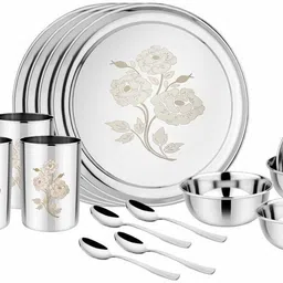 pancraft Pack of 16 Stainless Steel 16 Pcs Floral Dinner Set | Heavy Gauge Glossy Finish Bartan Dinner Set-picture-24