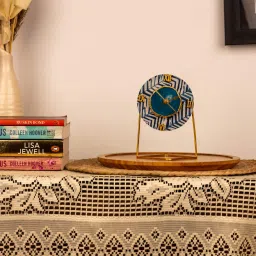 loomsarte Blue Cotton Fabric Coated Mdf Round Desktop Clock With Agate 6 X 4 X 3.5 Inch image 1