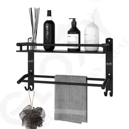 gloxy by gloxy Wall Mount Single Layer Shelf Rack with Towel Rod for Bathroom Shelf Organizer Black Towel Holder-picture-21