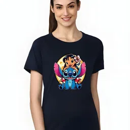 moda rapido Women Graphic Print Round Neck Polyester Navy Blue T-Shirt-picture-11