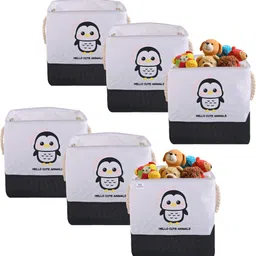 heart home Cotton, Jute Pack of 6 Storage Basket with Handle | GM-32-BLK | Penguin - Black & White Storage Basket image 1
