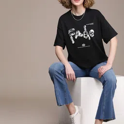 roadster Women Printed Round Neck Cotton Blend Black T-Shirt image 3