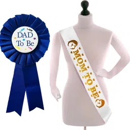 zyozi White, Blue Baby Shower Decorations Kit - Mom to Be Sash & Dad To Be Badge (Pack Of 2)-picture-11