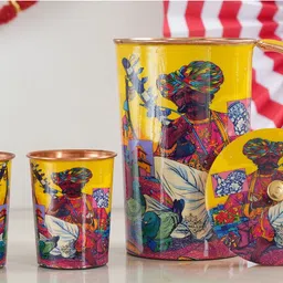 indianartvilla Padharo Myare Desh Rajasthani Meena Printed Copper Jug & 2 Glass Gif Set Jug Glass Set image 3