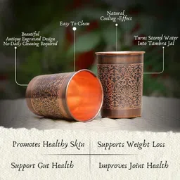 rammetals (Pack of 2) Pure Copper Handcrafted Glasses Set with Gift Box Set - 2 Antique Etching Design Glass Water/Juice Glass image 2