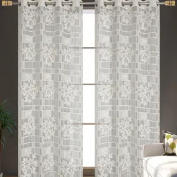 RIDHAAN Cream-Coloured Set of 2 Floral Sheer Long Door Curtain-picture-29