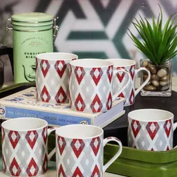 GOODHOMES 6 Pcs White & Red Floral Printed Bone China Glossy Mugs-image-38