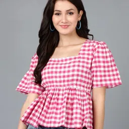 meesan Casual Puff Sleeves Checkered Women Multicolor Top-picture-15